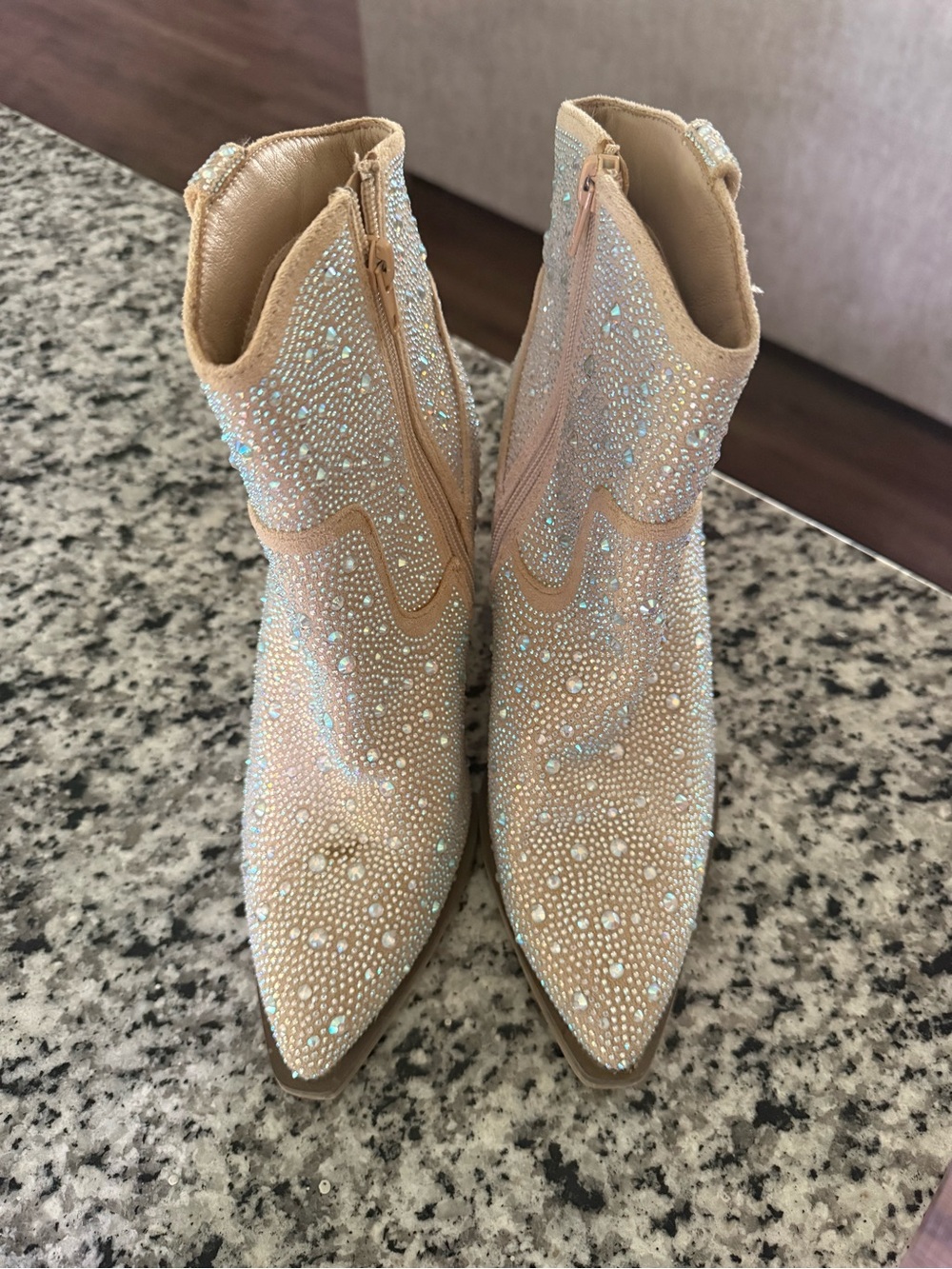 Rhinestone Embellished Tan Women's Ankle Boots